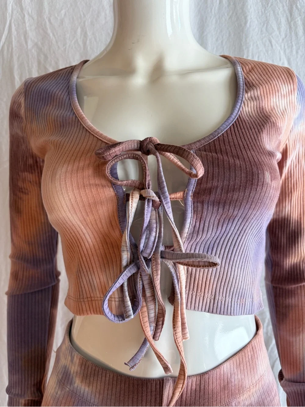 Tic Toc Tie-Dye Ribbed Lace-Up Crop Top & Biker Shorts Set - Purple Brown
